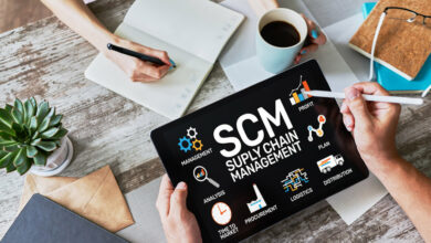 SCM Supply Chain Management And Business Strategy Concept On The Screen.